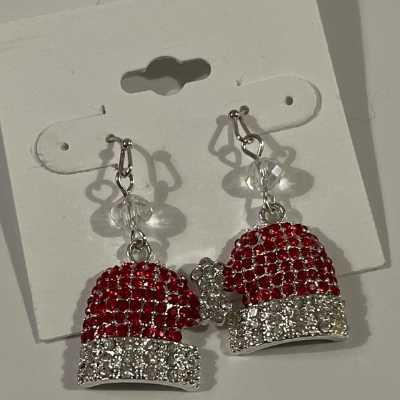 NWT Festive Red and Silver Rhinestone Santa Hat Earrings - Picture 1 of 4
